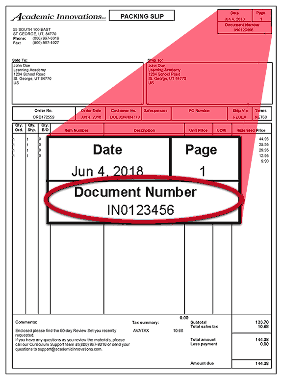 Invoice Image showing the document number in the top right corner